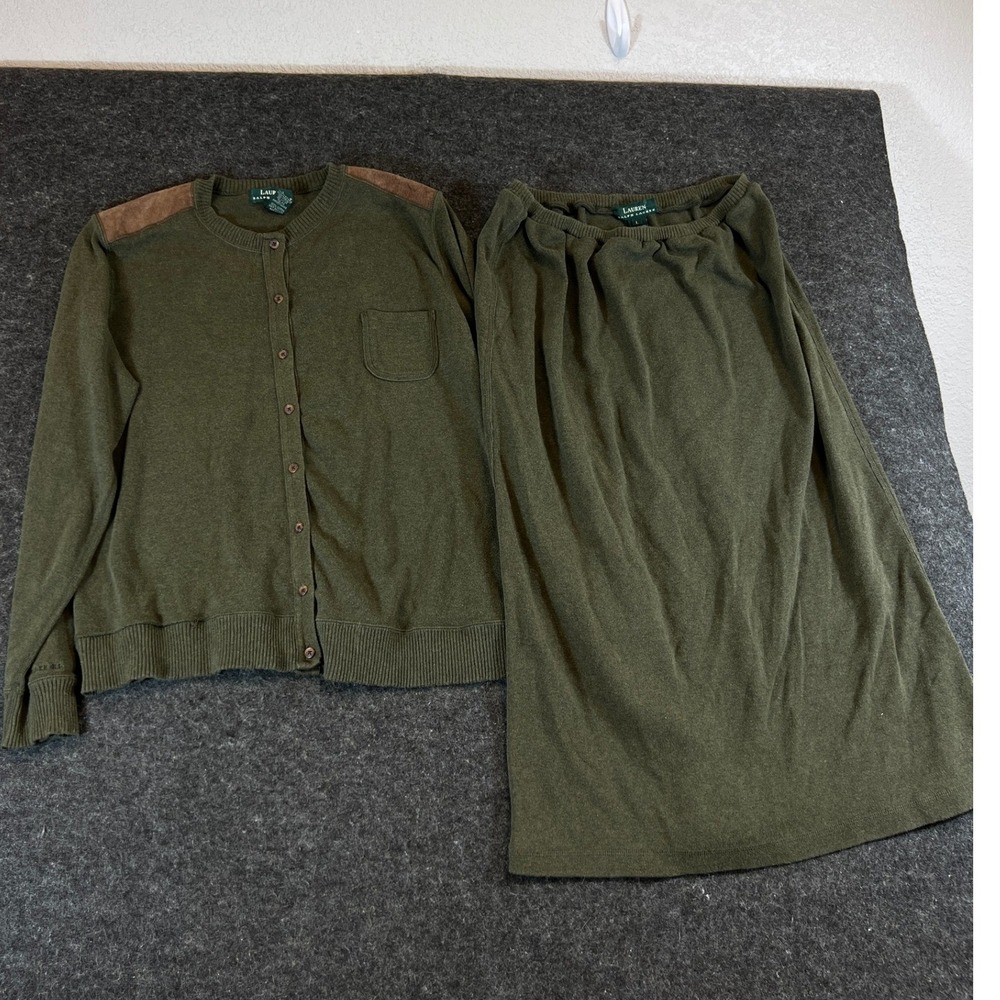 VTG Lauren Ralph Lauren Cardigan Skirt Set Womens Large Olive Green Cotton Suede